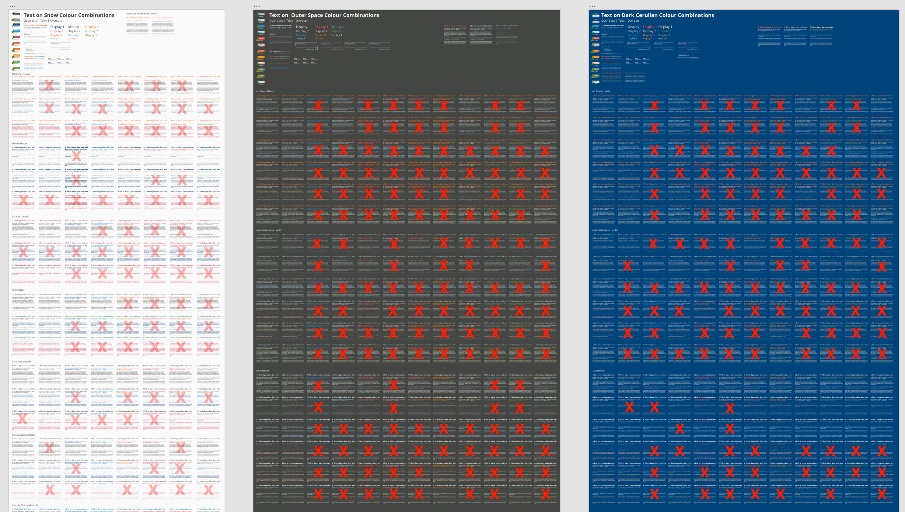 An artboard that shows exlicit combinations of both accepable and unacceptable combinations of font colours and backgrounds.