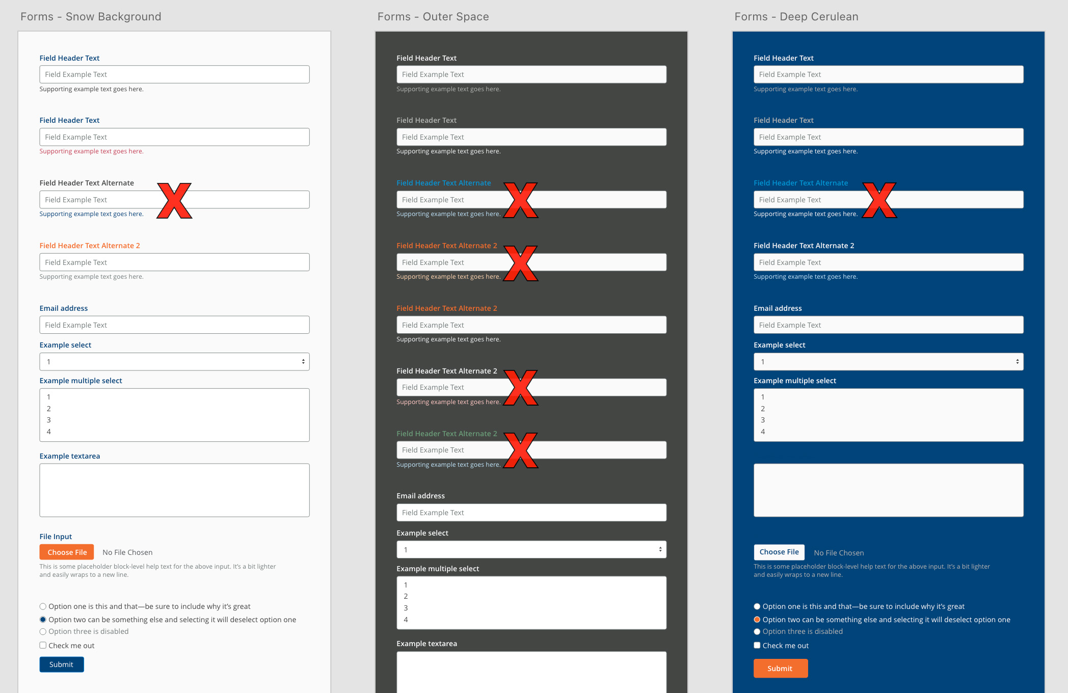 An artboard which depicts very specific examples of accessible form design, including alert colours, completion text, warning, and success states.