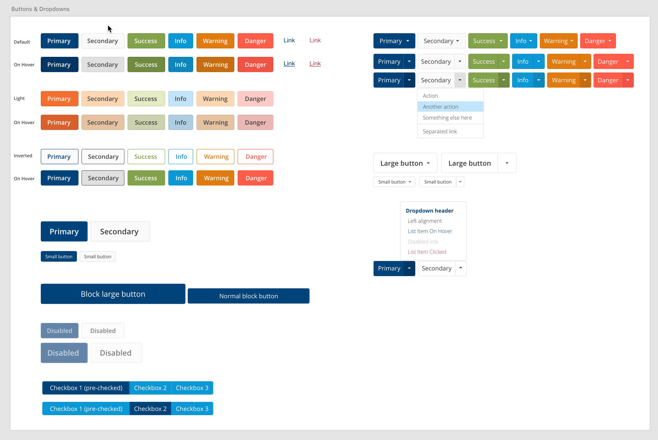 An artboard which depicts the beginnings of accessible button and dropdown state development.