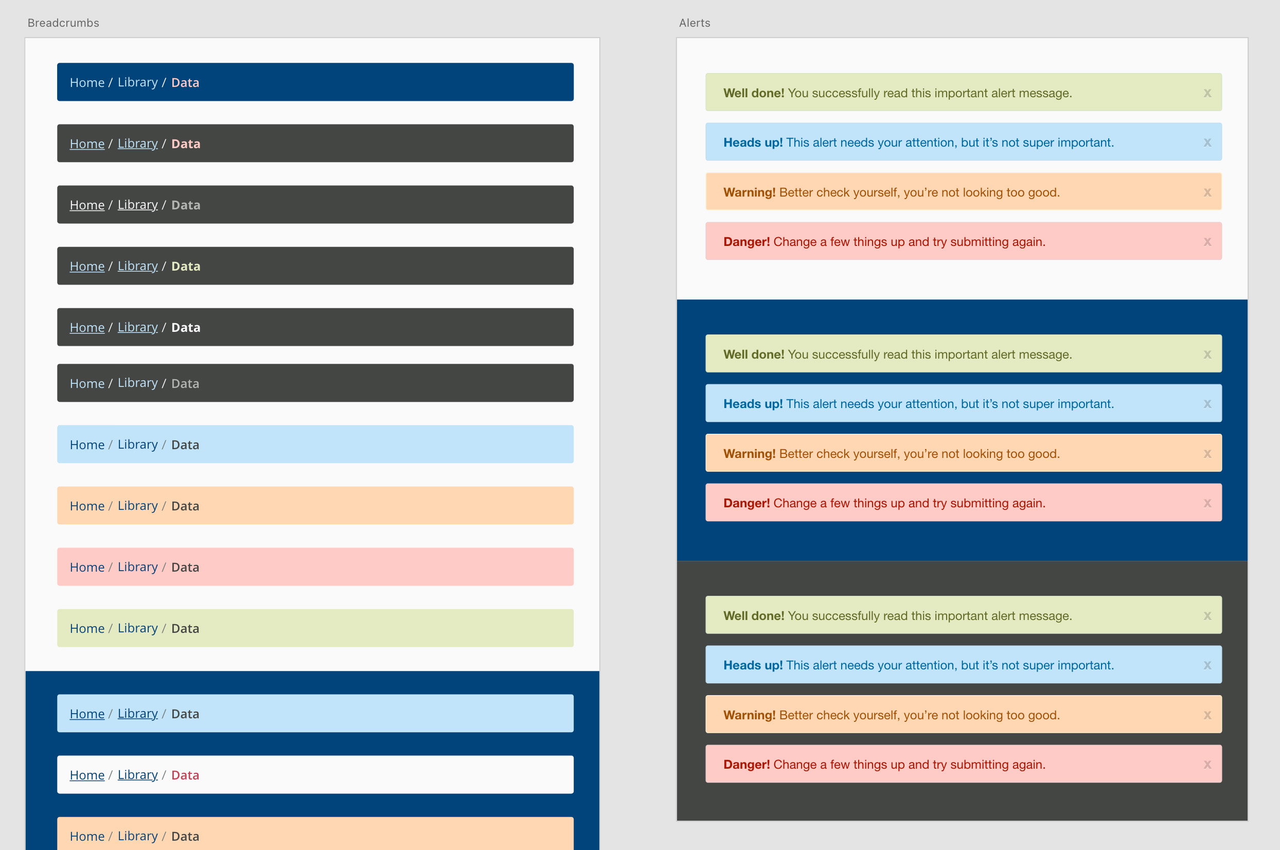 An artboard which depicts the beginnings of accessible breadcrumb and alert text development.