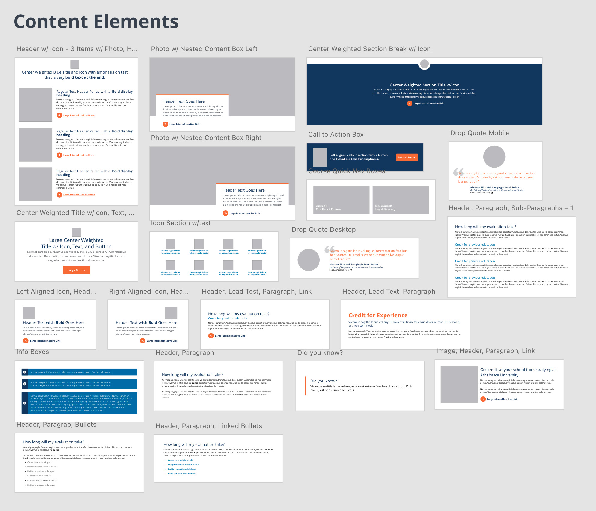 An artboard showing various content elements that have been created utilzing accessible colour scheme combinations.