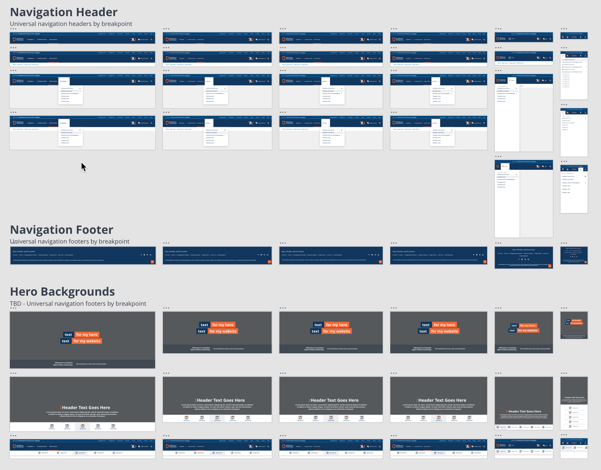 An artboard depicting predefined navigation header structures across 6 breakpoint screen sizes.